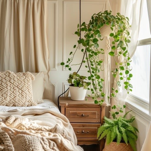 A cozy bedroom corner with a bed, a wooden nightstand, and multiple green houseplants near a window.