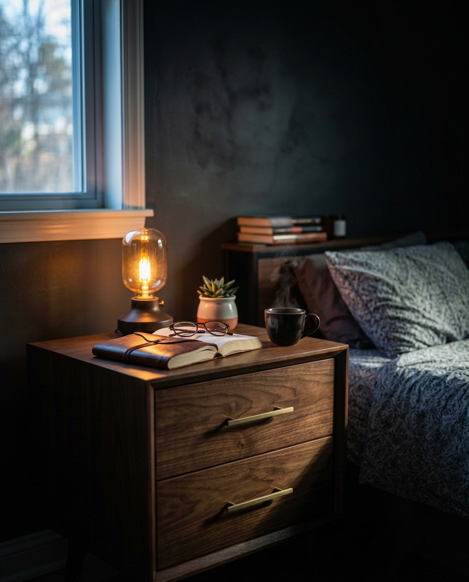 A cozy bedroom corner with a wooden nightstand, a lamp, an open book, eyeglasses, a black mug, and a small plant. There are some books on a shelf in the background, with part of a bed visible.