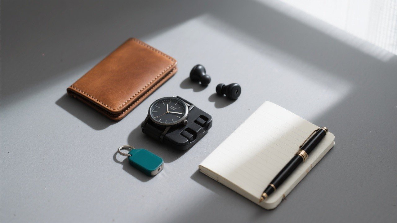 A brown leather wallet, black wireless earbuds, a black wristwatch, a teal keychain, a black pen on a lined notepad, and a black phone holder arranged on a gray surface near a window.