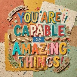 Colorful motivational quote reading 'You are capable of amazing things!' with decorative paper, confetti, and natural elements in the background.