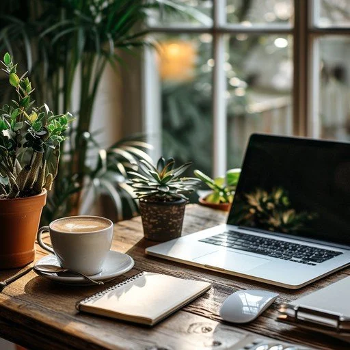 A cozy workspace with a wooden desk, potted plants, a laptop, a cup of coffee, a notebook, a computer mouse, and a closed laptop in front of a window with sunlight