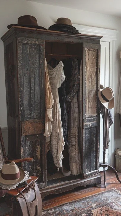Vintage wooden wardrobe with open doors, revealing hanging garments and scarves inside. Several hats rest on top of the wardrobe and a chair nearby. The room features a white wall and a terracotta floor with a patterned rug.