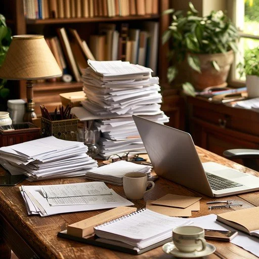 A cluttered desk with stacks of papers, an open laptop, a coffee mug, a desk lamp, and books in a home office with a bookshelf and window with plants in the background.