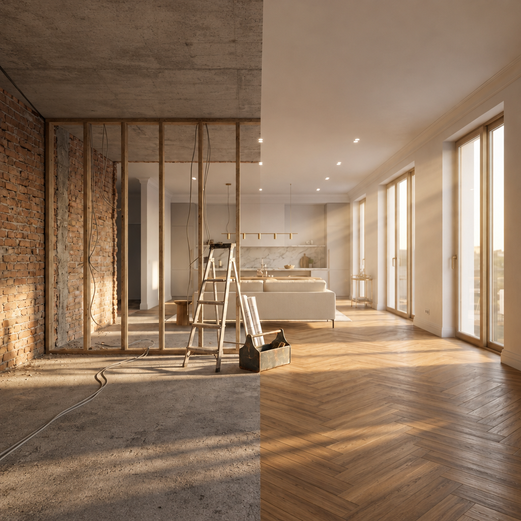 Interior view of a room split into two halves; the left side shows an unfinished space with exposed brick wall, construction tools, and exposed wiring, while the right side shows a completed, furnished living area with wooden flooring, large windows, and warm sunlight.