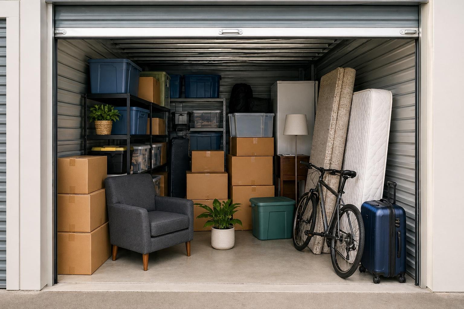 Garage with stored boxes, a bicycle, a gray armchair, a potted plant, a floor lamp, a mattress, and a suitcase.