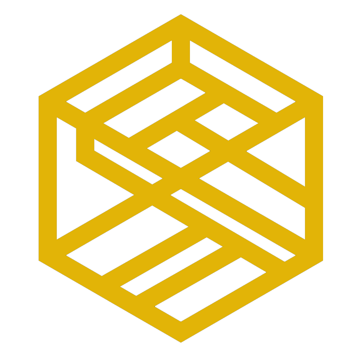 A 3D gold wireframe cube on a black background.