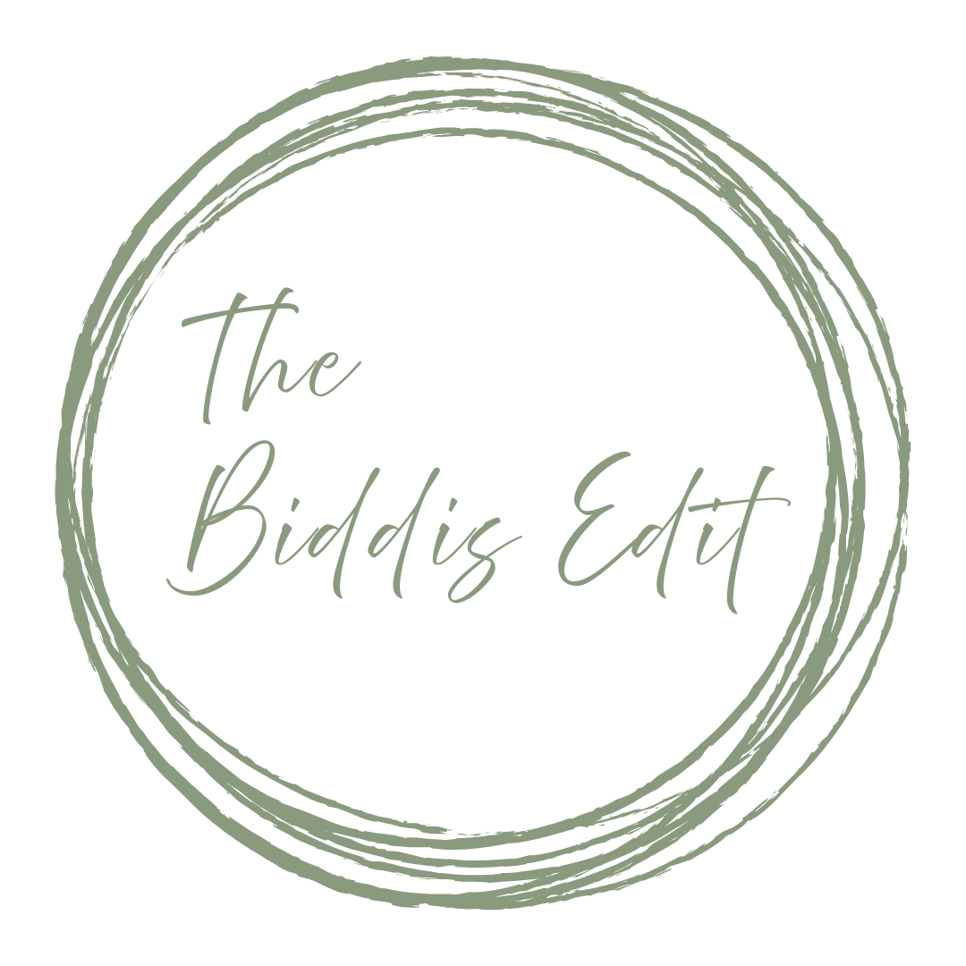Lettering inside a loopy circle reads 'The Biddis Edit' on a black background.