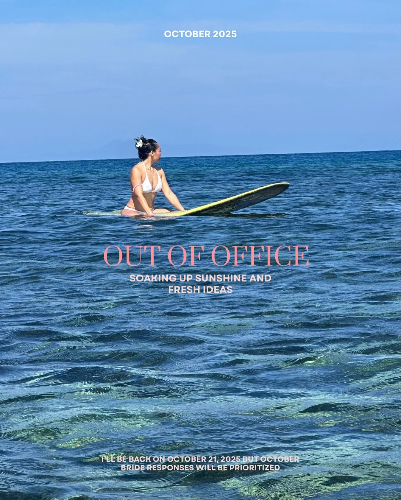 OOO for a little sunshine and soul time ☀️✈️
I&rsquo;ll be away until October 21, with limited access to messages.
October brides, you&rsquo;re first in line when I return 💌
(Yes, that&rsquo;s me on my board! 🏄&zwj;♀️ )