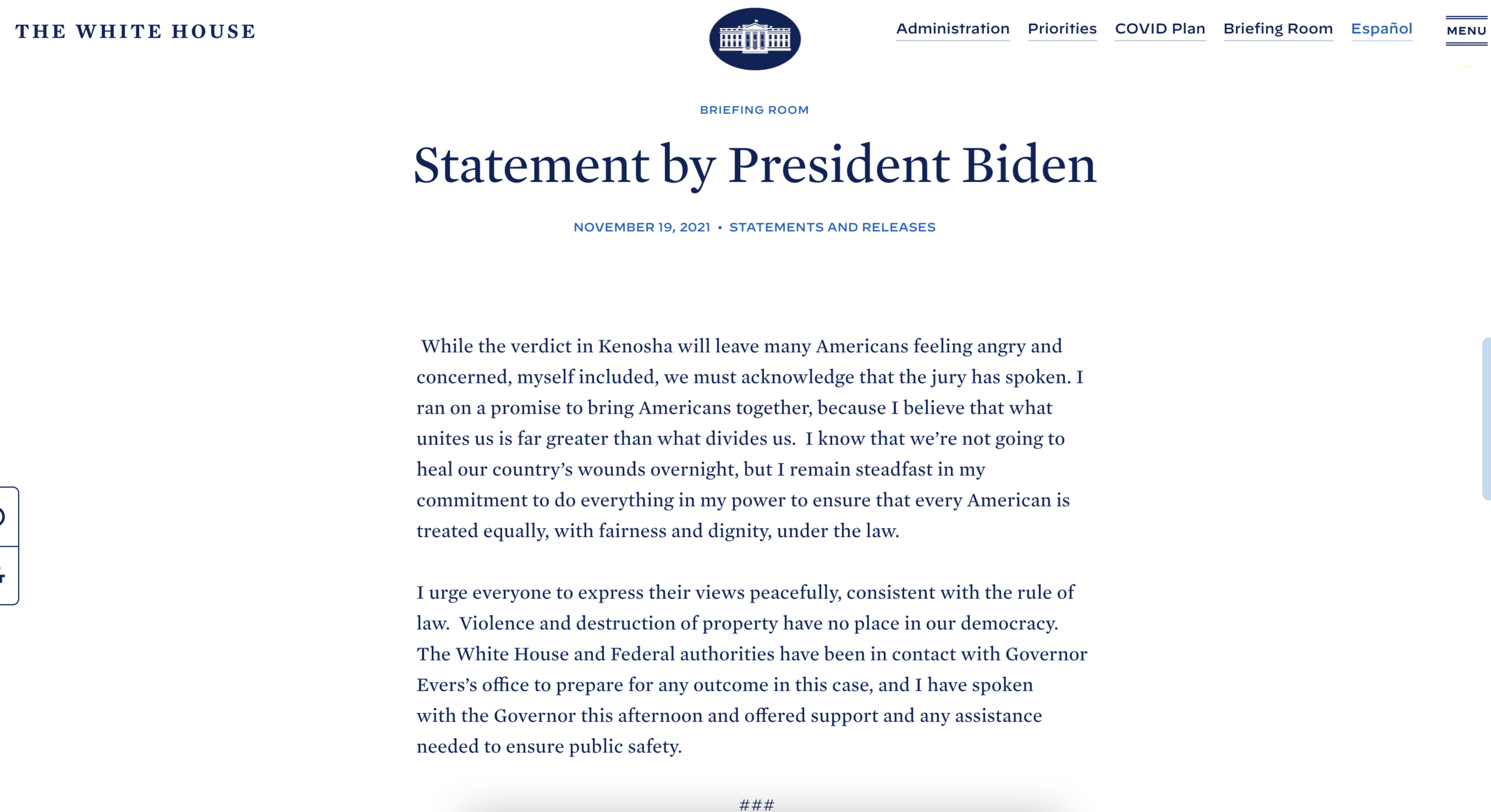 President Joe Biden’s Official Statement on Kyle Rittenhouse Verdict