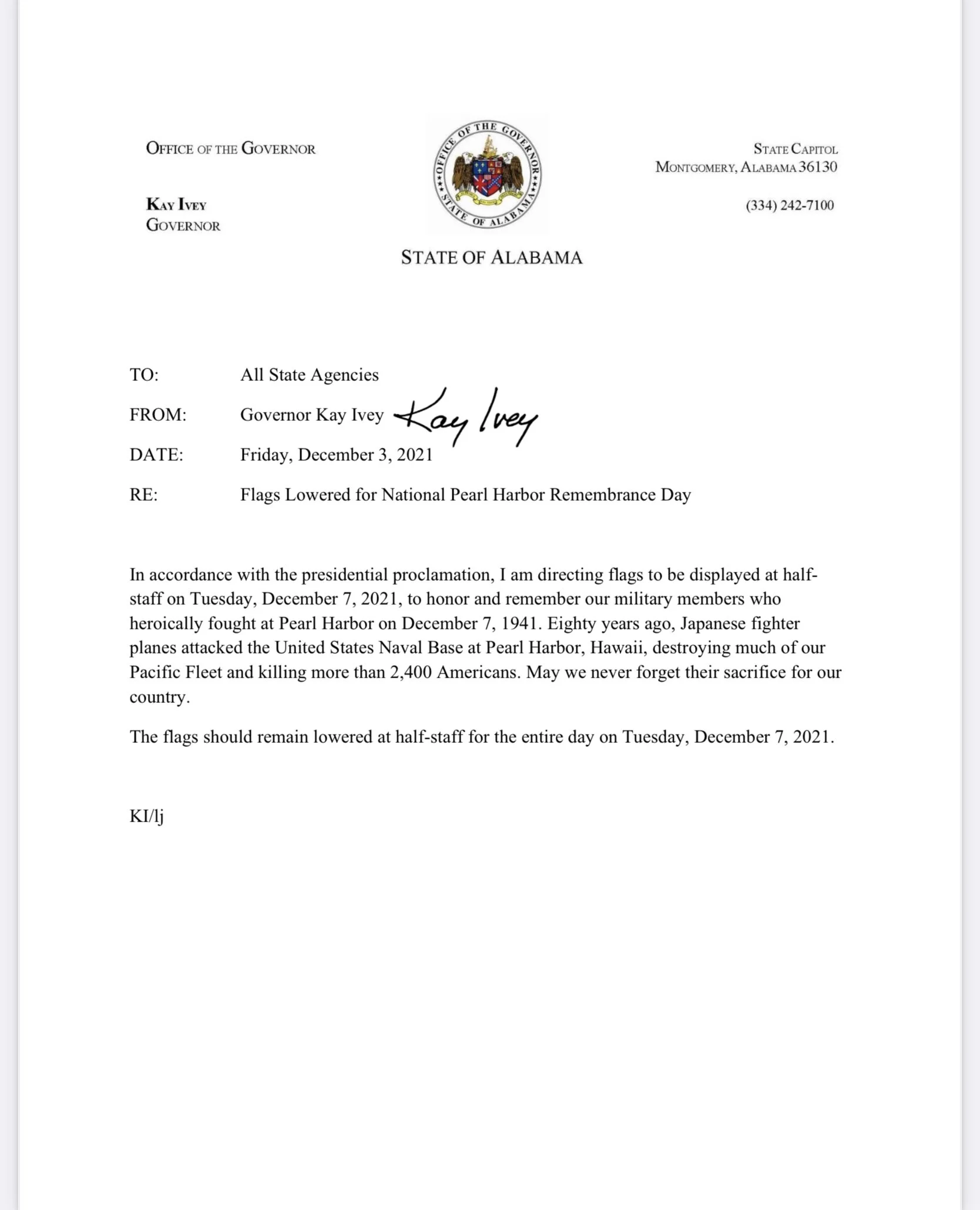 Alabama Governor Kay Ivey Orders All Flags To Be Lowered on December 7, 2021 for Remembrance on Pearl Harbor