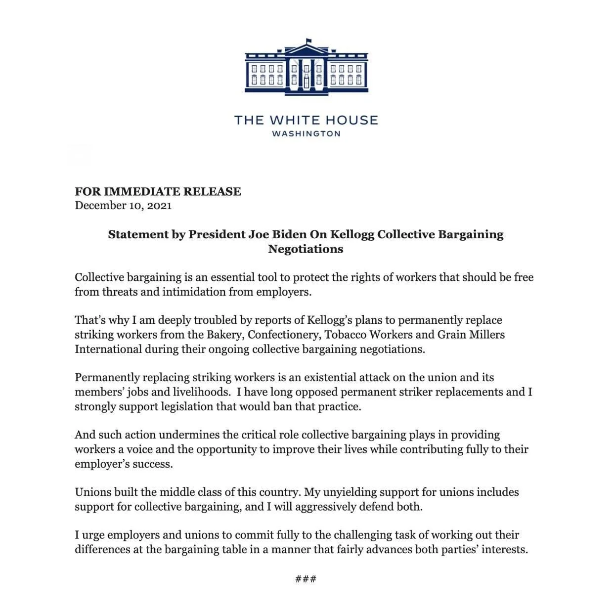 President Joe Biden’s Statement on Kellogg Collective Bargaining Negotiations