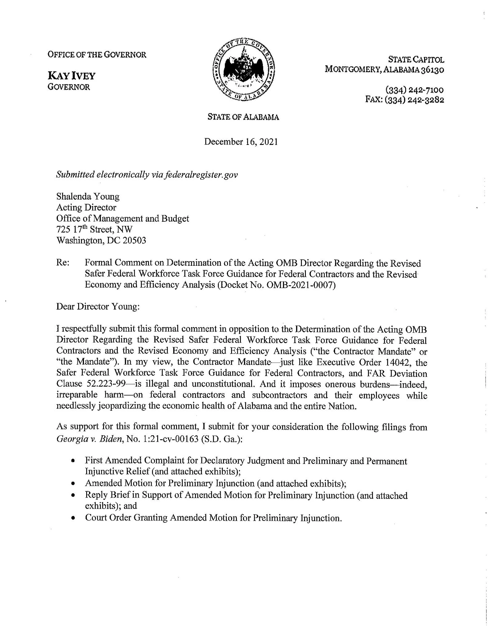 Alabama Governor Kay Ivey Submits Formal Letter to the Office of Management and Budget on Opposing the Biden Administration’s Federal Contractor Mandate