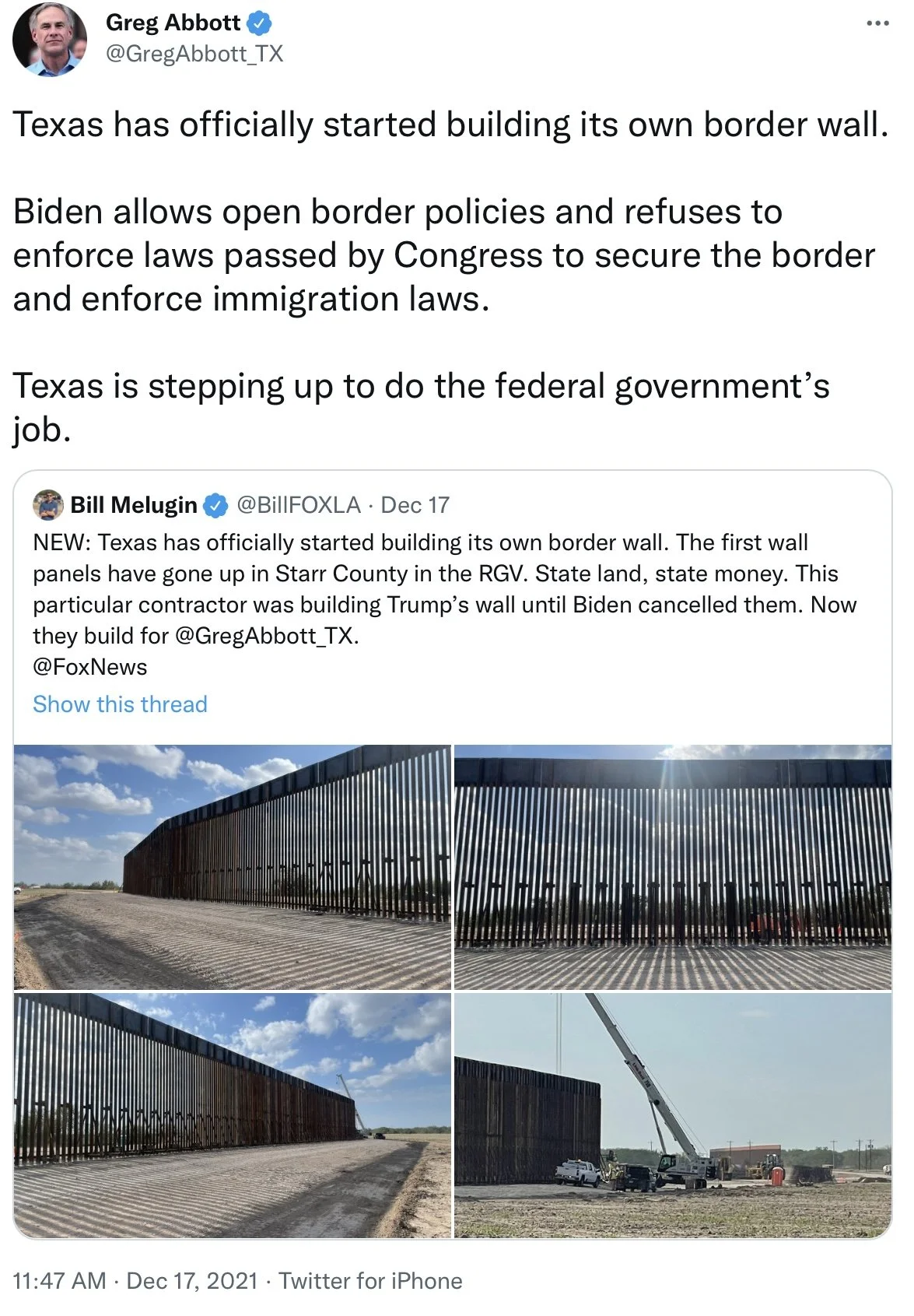 Texas Governor Abbott Makes Official Statement Via Twitter on Construction of Border Wall