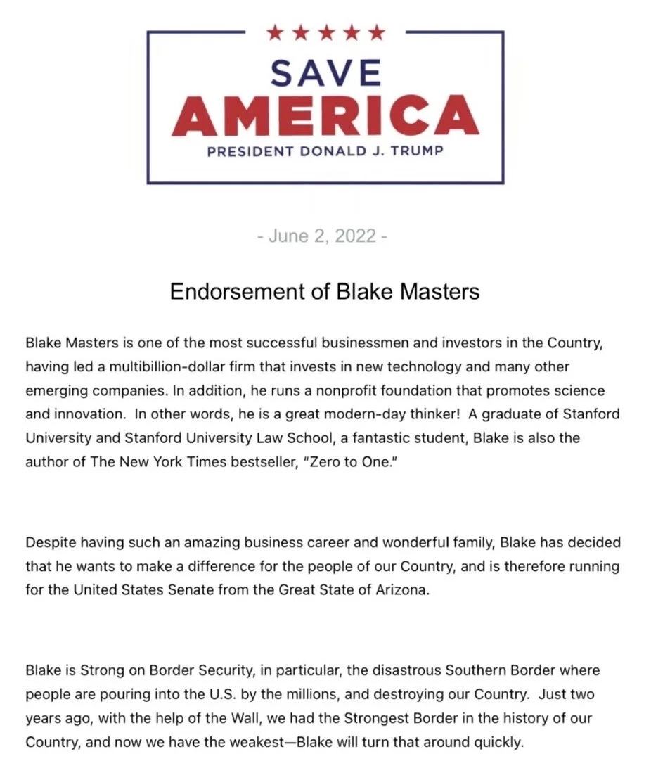Former President Donald J Trump Endorses Blake Masters