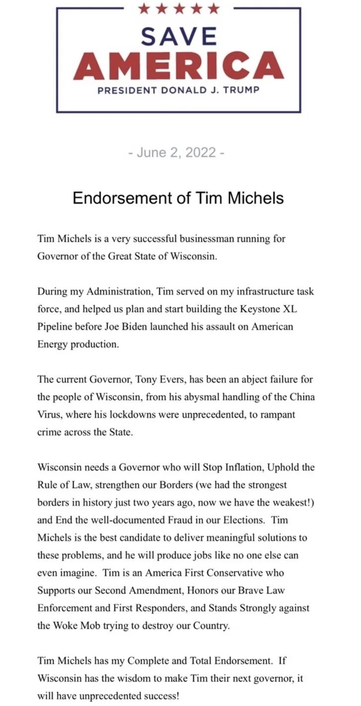 Former President Donald J Trump Endorses Tim Michels