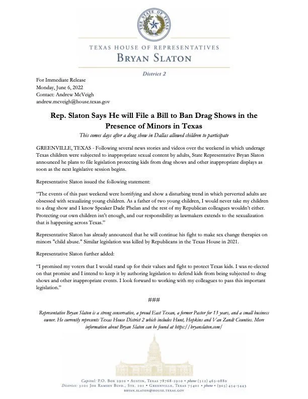 Texas House of Representative Bryan Slayton’s Announcement on Bill to Ban Drag Shows in the Presence of Minors