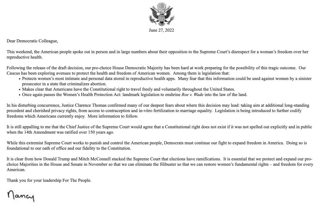 Speaker of the House Nancy Pelosi’s Statement on the Overruling of Roe V Wade