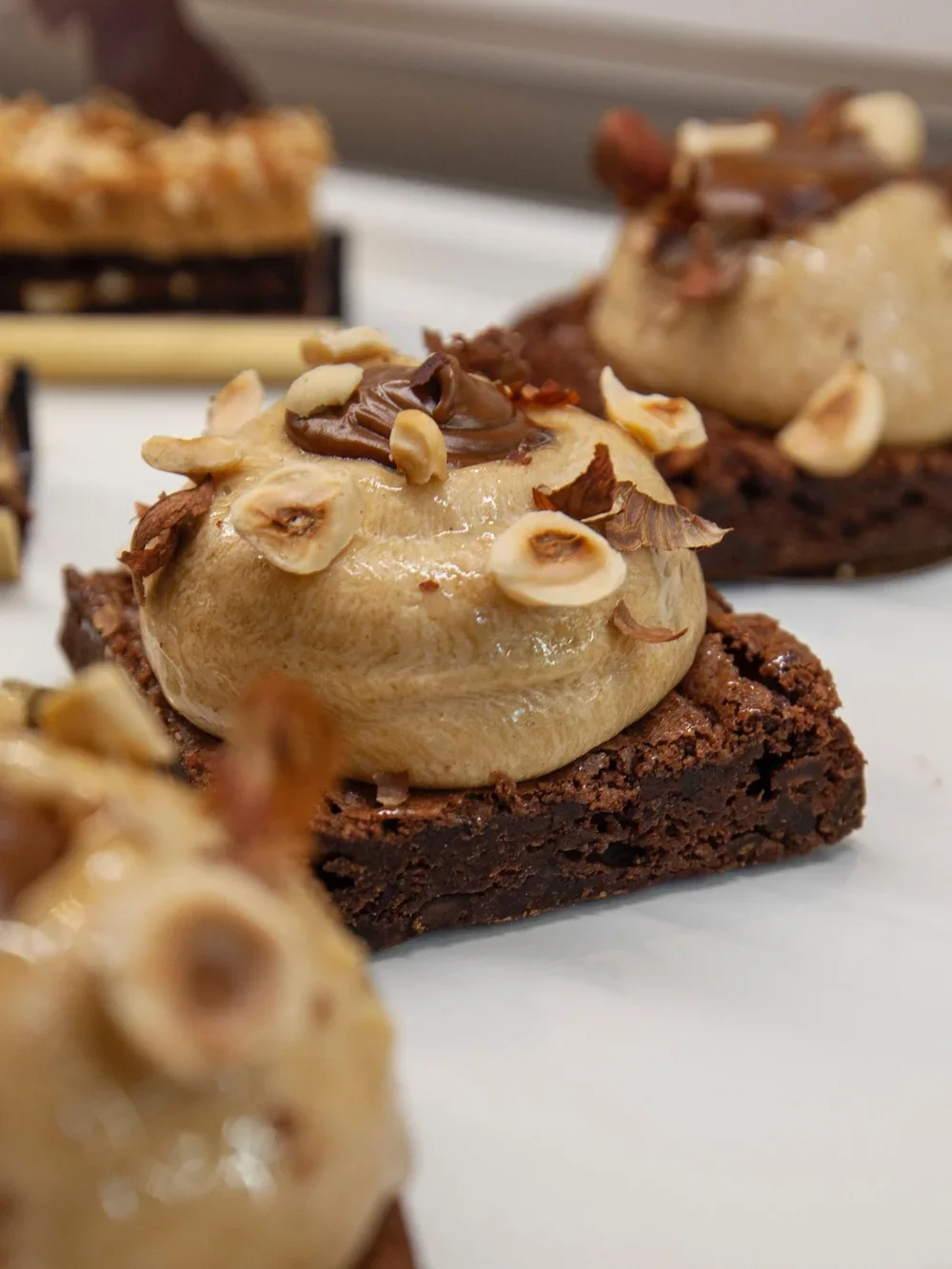 Dessert au chocolat avec une cuillerée de crème glacée garnie de noix hachées.