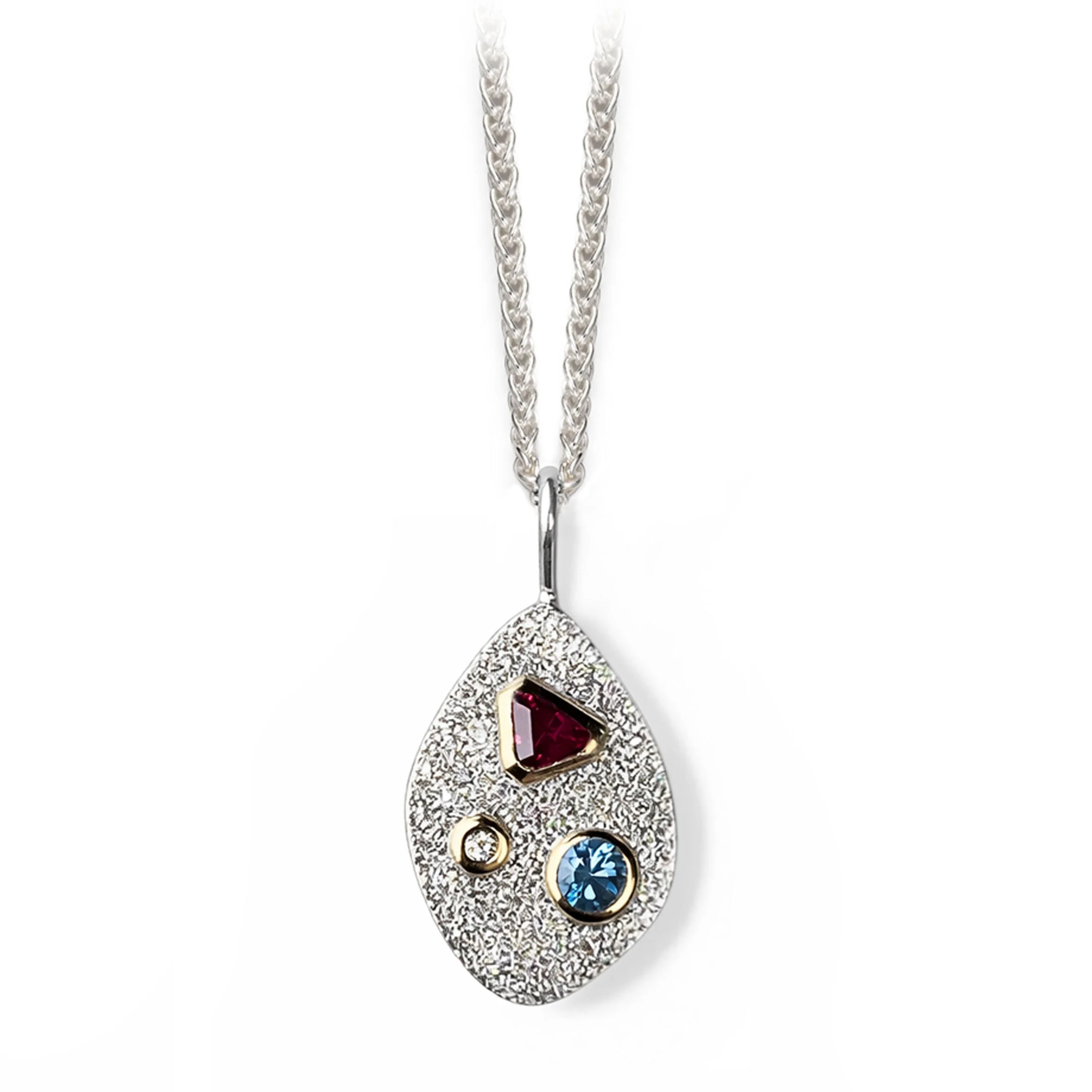 Ruby, Sapphire and diamond Freeform Wing Pendant with Silver Spiga Chain