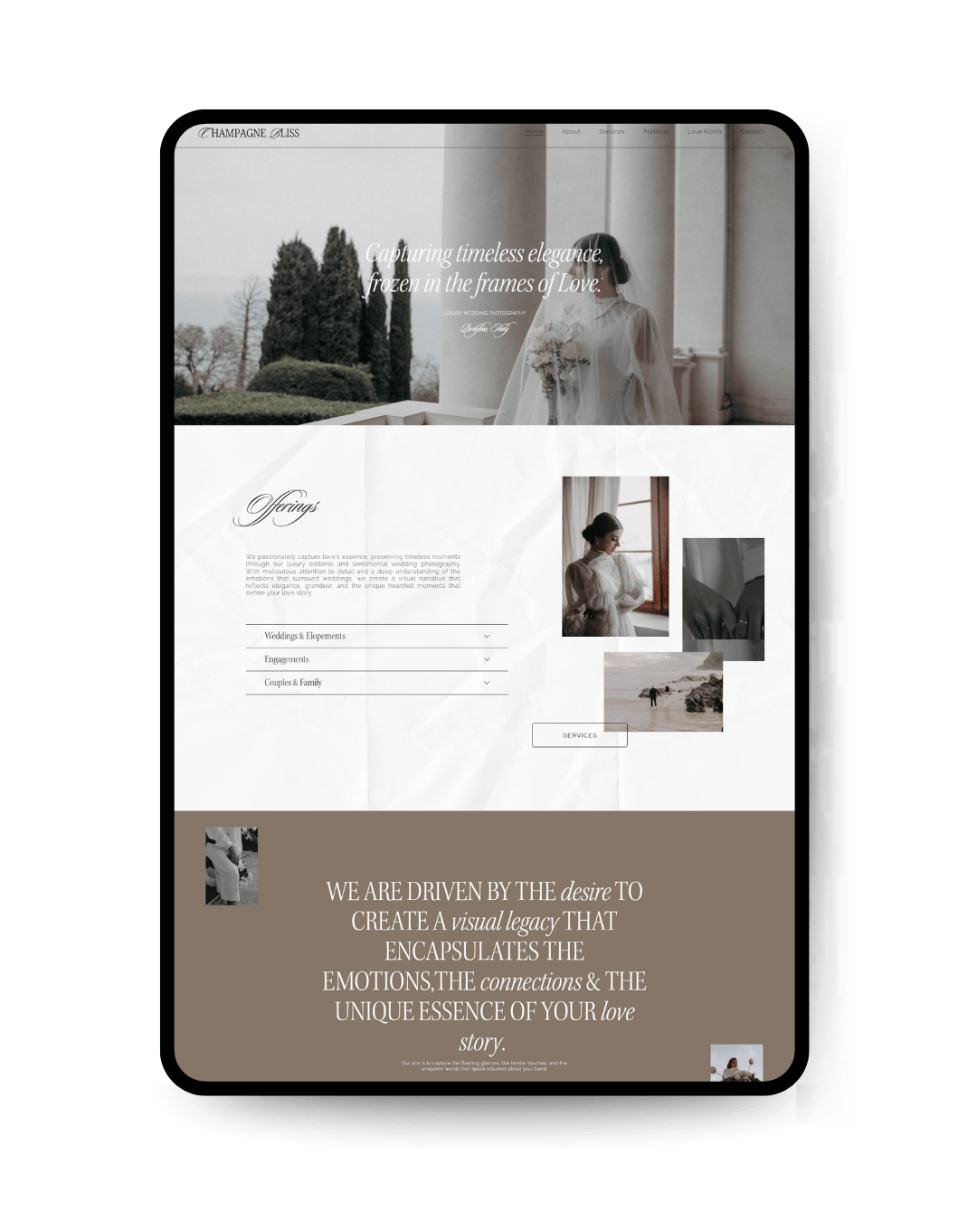 Website homepage for a luxury wedding photography service featuring a bride holding a bouquet, with a serene outdoor background and elegant design elements.
