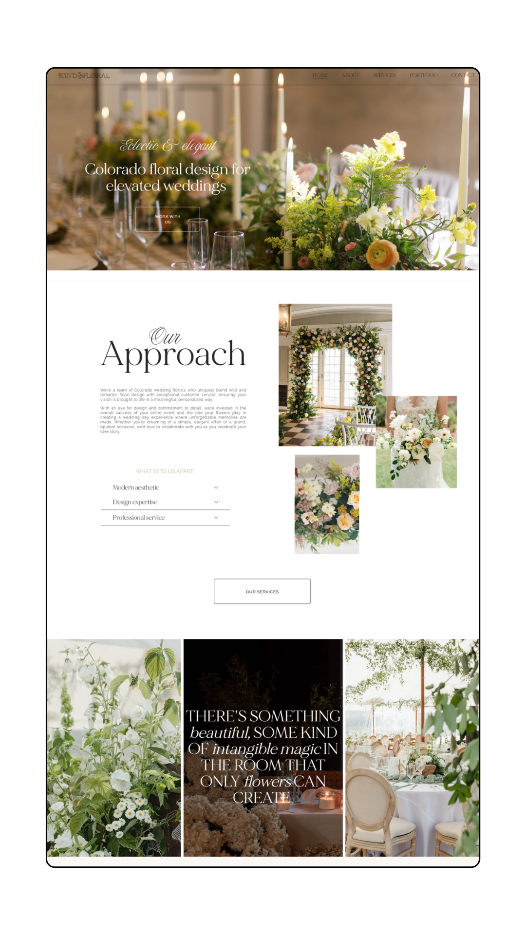 Webpage of a floral design business specializing in wedding flowers, featuring images of floral arrangements, wedding setups, and an elegant interior decorated with flowers.