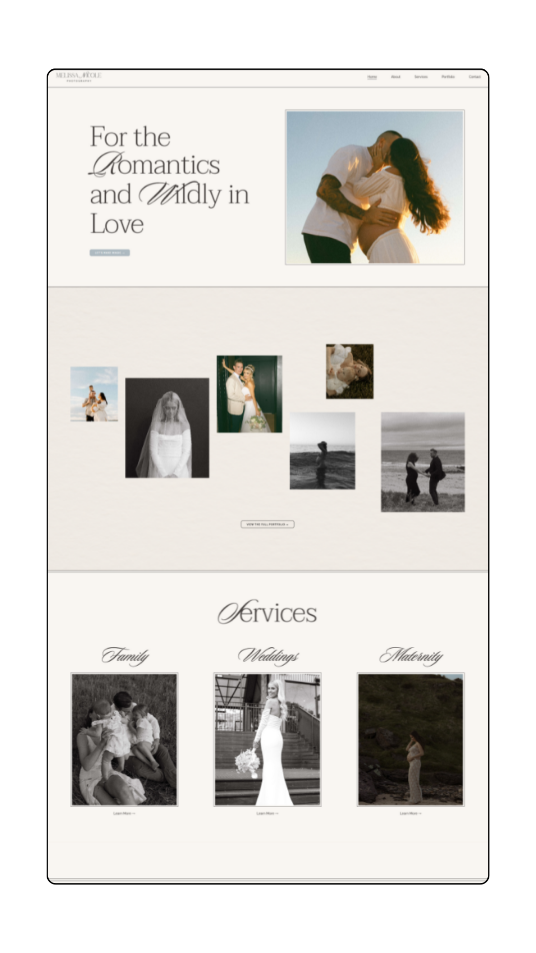 Homepage of a wedding photography website featuring romantic and emotional images of couples and families, with service categories for family, weddings, and maternity.