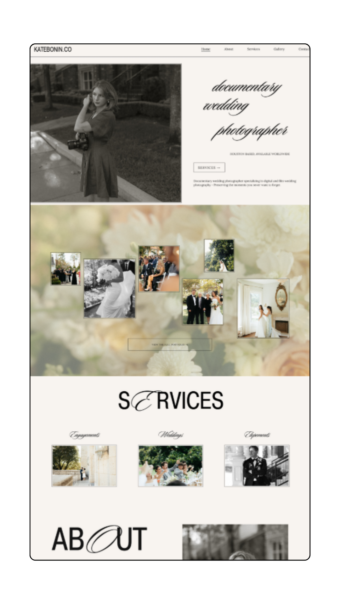 A webpage for a documentary wedding photographer featuring black-and-white and color images of weddings, with sections for services and about information.