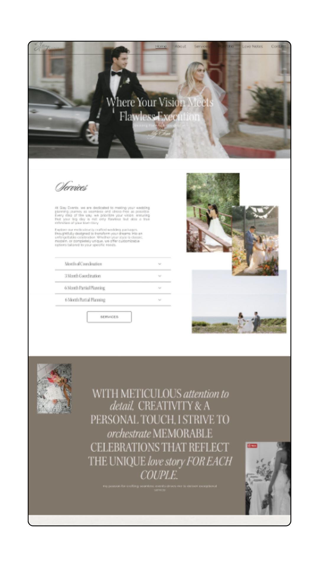 A wedding planning website homepage featuring a photo of a bride and groom walking hand in hand, several smaller images of couples, and a description of wedding services and photographer's approach.