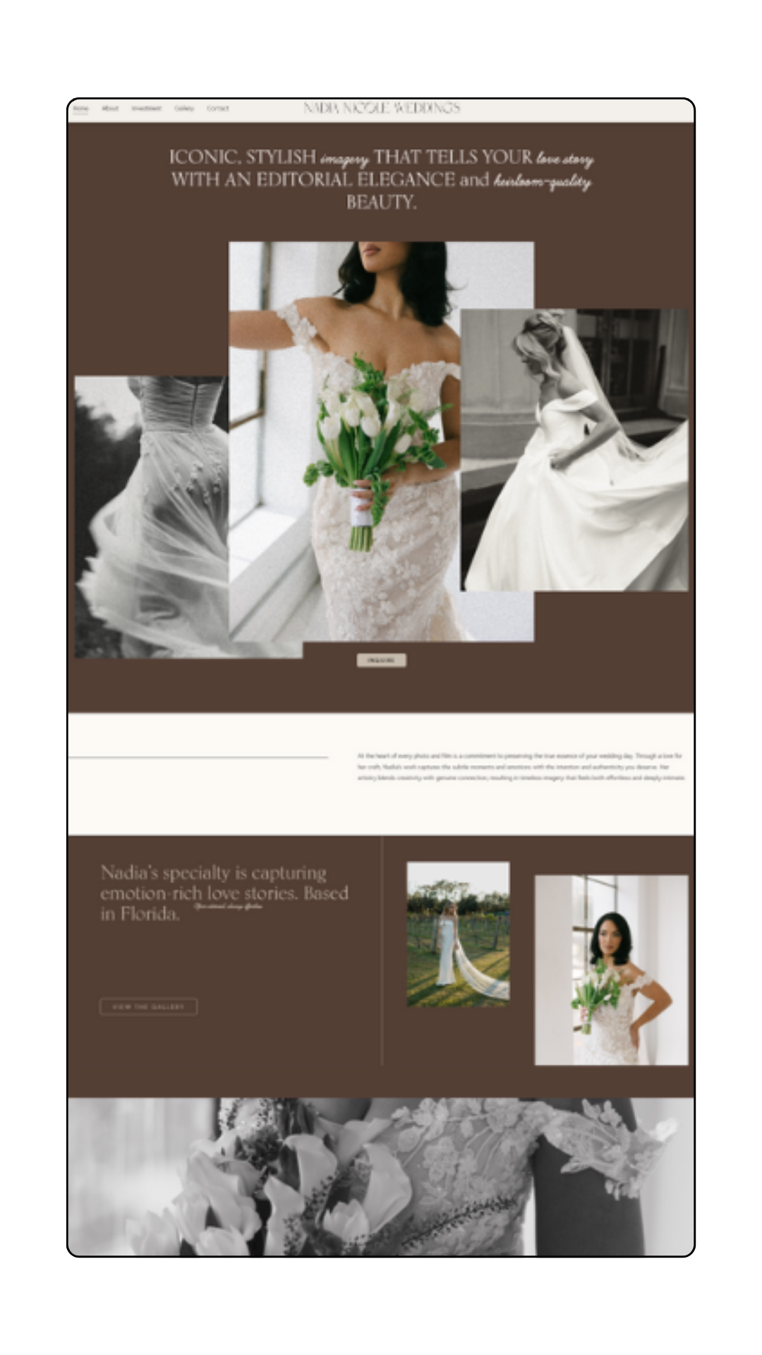 A web page featuring bridal photography and wedding dress designs, with images of women in wedding gowns and floral arrangements, and text describing a wedding boutique.