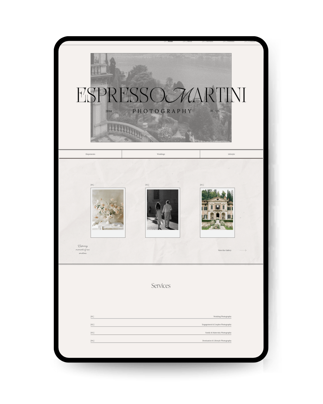 A website homepage for Espresso Martini Photography, showcasing a black and white wedding photo, a couple walking together, and a luxurious estate image, with menu options and service categories listed.