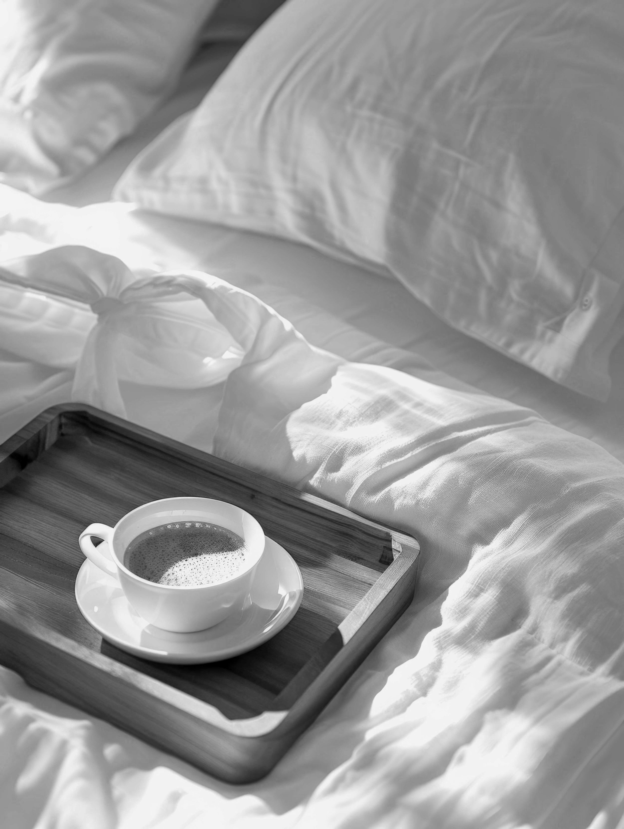 A steaming cup of coffee on a saucer placed on a wooden tray resting on a rumpled white bed with pillows, in black and white.