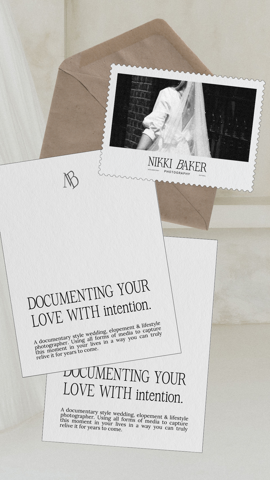 A printed card with the title "DOCUMENTING YOUR LOVE WITH intention" and a description about wedding, elopement, and lifestyle photography. Next to the card, there is a photograph of a woman with a veil, labeled "NIKKI BAKER".