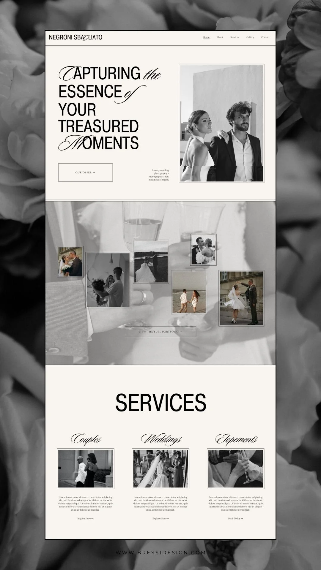 A wedding photography website homepage featuring a black and white header with the text 'Capturing the essence of your treasured moments' and a photo of a bride and groom. Below, there are several smaller photos of wedding scenes, and service options for couples, weddings, and elopements, each with a brief description and links to inquire or book.