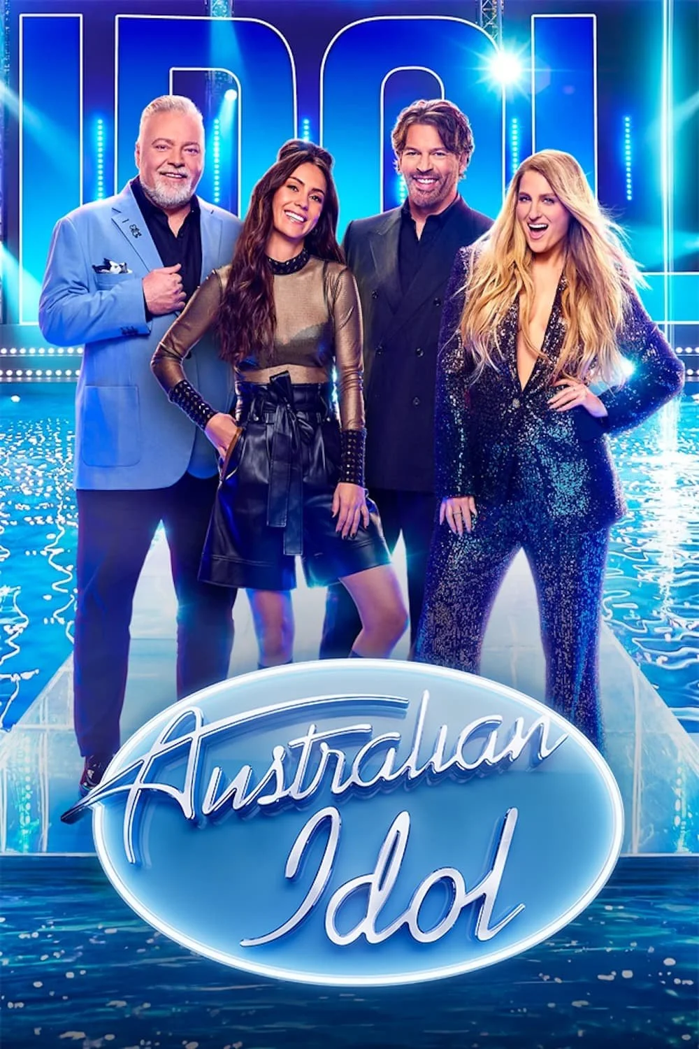 A promotional poster for Australian Idol featuring five people standing on a stage over water with blue lighting. The text 'Australian Idol' is displayed at the bottom.