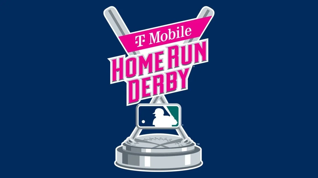 Logo for the T-Mobile Home Run Derby featuring a stylized baseball trophy with a digital scoreboard and a bat-shaped sign that reads 'T-Mobile Home Run Derby' in pink and white text.