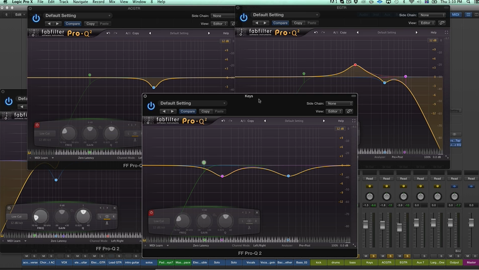Screenshots of digital audio workstation plugin interfaces showing equalizer curves, frequency adjustments, and sound control settings.