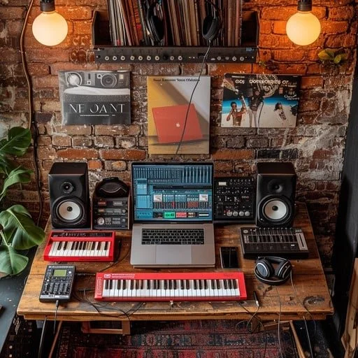 A music production workspace with a wooden desk holding a laptop, a red MIDI keyboard, a smaller keyboard, a mixer, headphones, and a phone. Behind, there are two large speakers, a smaller speaker, and an audio interface. The background features an exposed brick wall with framed artwork and a shelf with books, illuminated by two round wall lights.