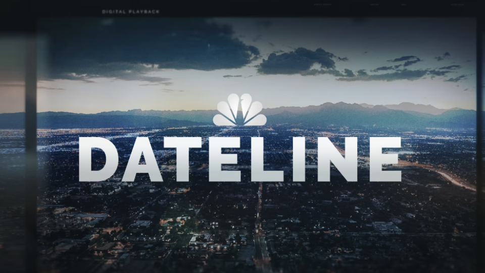 A television screen displaying the logo for NBC's Dateline, with a cityscape and mountain view under a cloudy sky in the background.