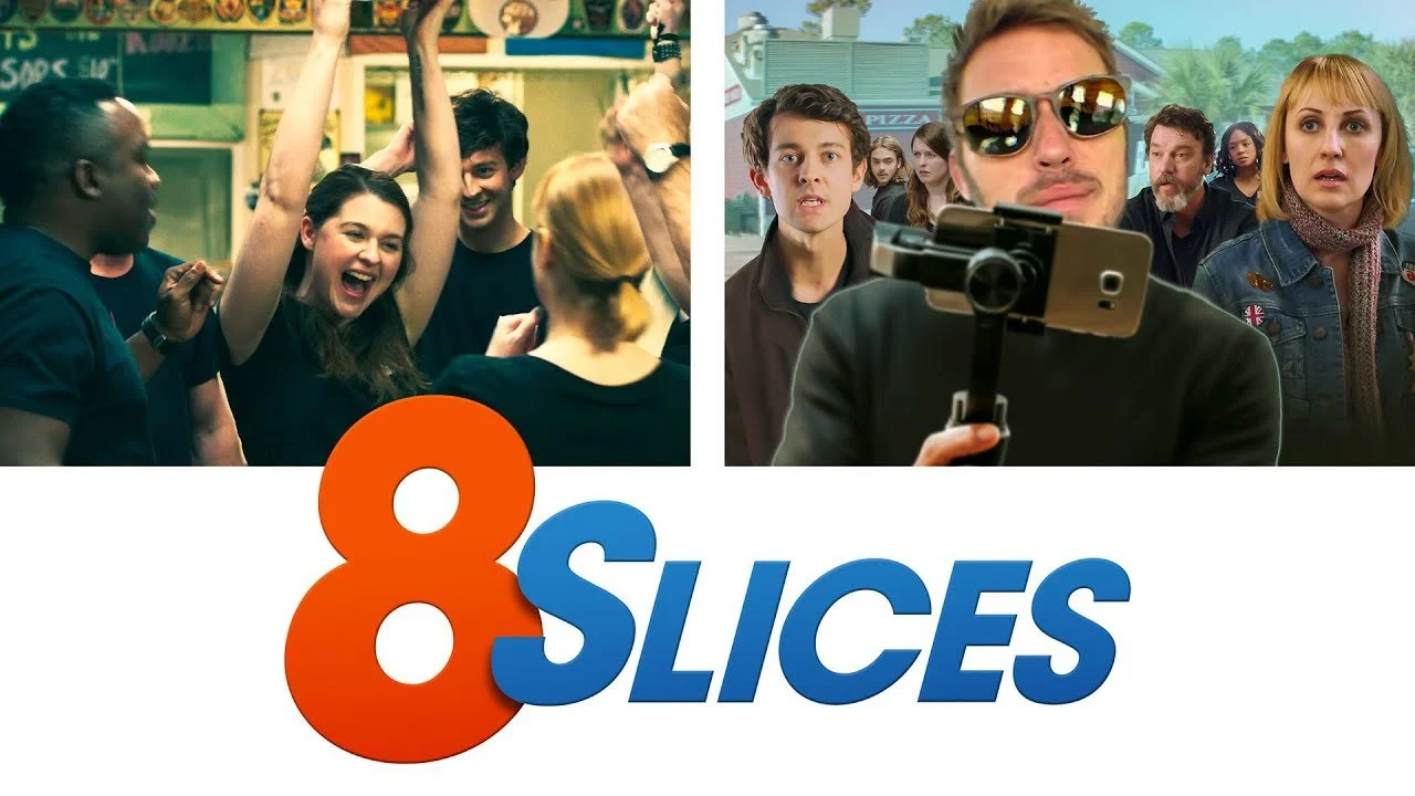 Collage of scenes from the movie '8 Slices': on the left, a woman celebrating with friends in a lively indoor setting; on the right, a group of people outdoors with a man holding a gun-shaped object, and the movie title '8 Slices' at the bottom.