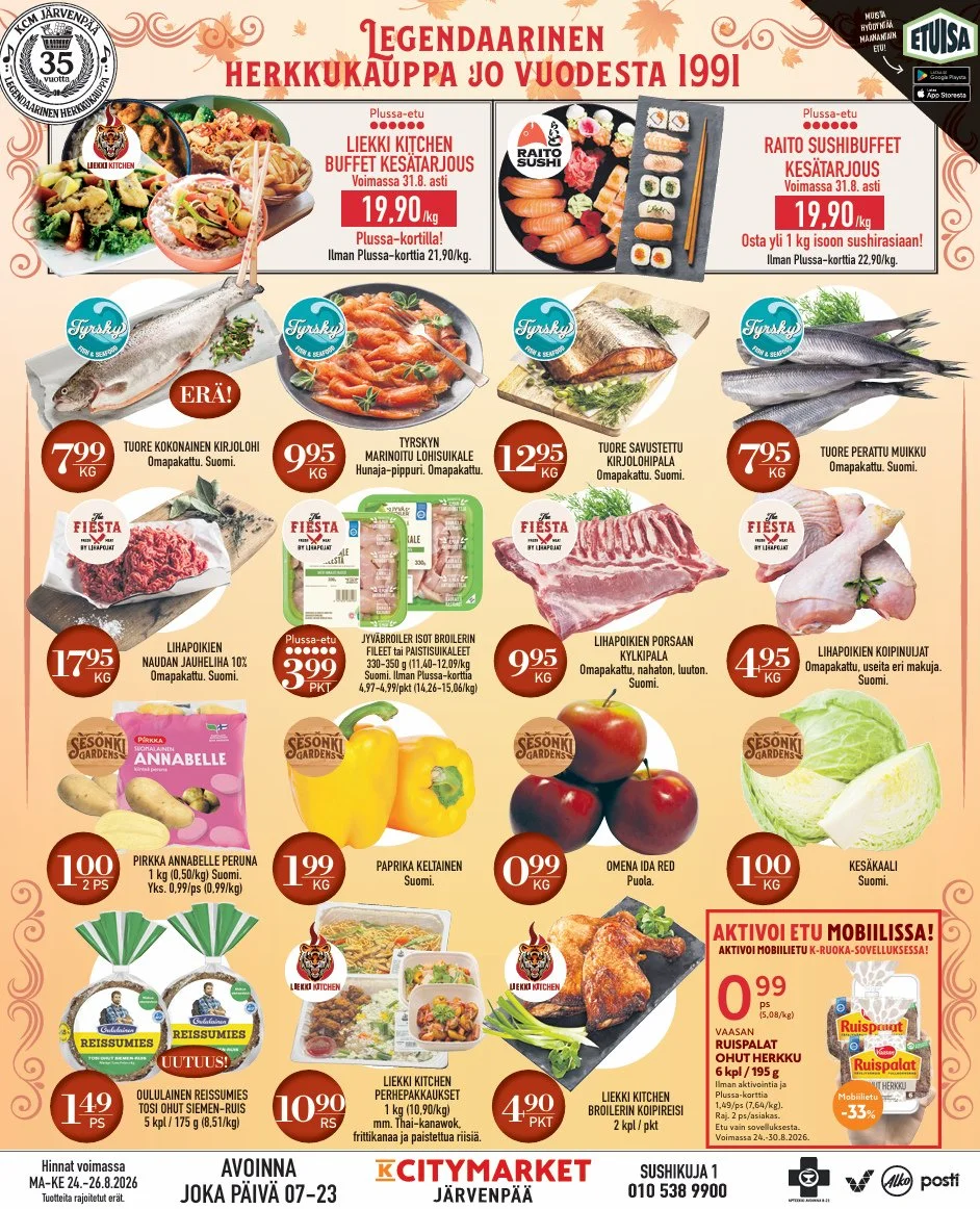 Nappaa alkuviikon vinkit J&auml;rvenp&auml;&auml;st&auml;!😍⁠
⁠
🐟️Tuore kokonainen lohi, Suomi 7,99&euro;/kg⁠
🐟️Tyrskyn marinoitu lohisuikale 9,95&euro;/kg⁠
🐟️Tuore perattu muikku, Suomi 7,95&euro;/kg⁠
⁠
🥩Plussakortilla! Jyv&auml;broiler isot bro