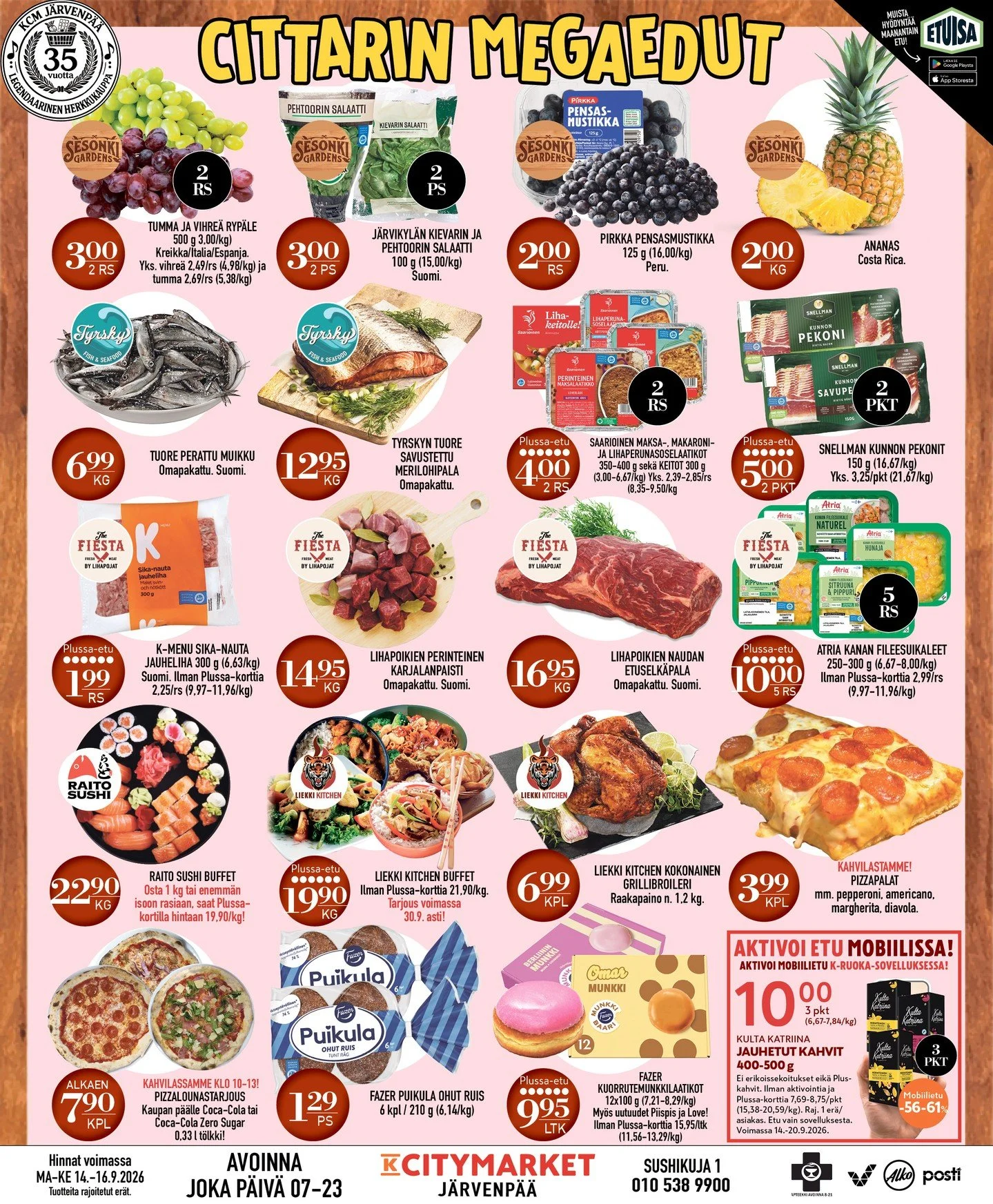 MEGAEDUT JATKUVAT!💥⁠
⁠
T&auml;ss&auml; vinkit osastoiltamme:⁠
⁠
🍇Tumma ja vihre&auml; ryp&auml;le 500g 3&euro;/2 rs⁠
🫐Pirkka pensasmustikka 125g 2&euro;/rs⁠
⁠
🐟️Tuore perattu muikku 6,99&euro;/kg⁠
🐟️Tyrskyn tuore savustettu merilohipala 12,95&eu
