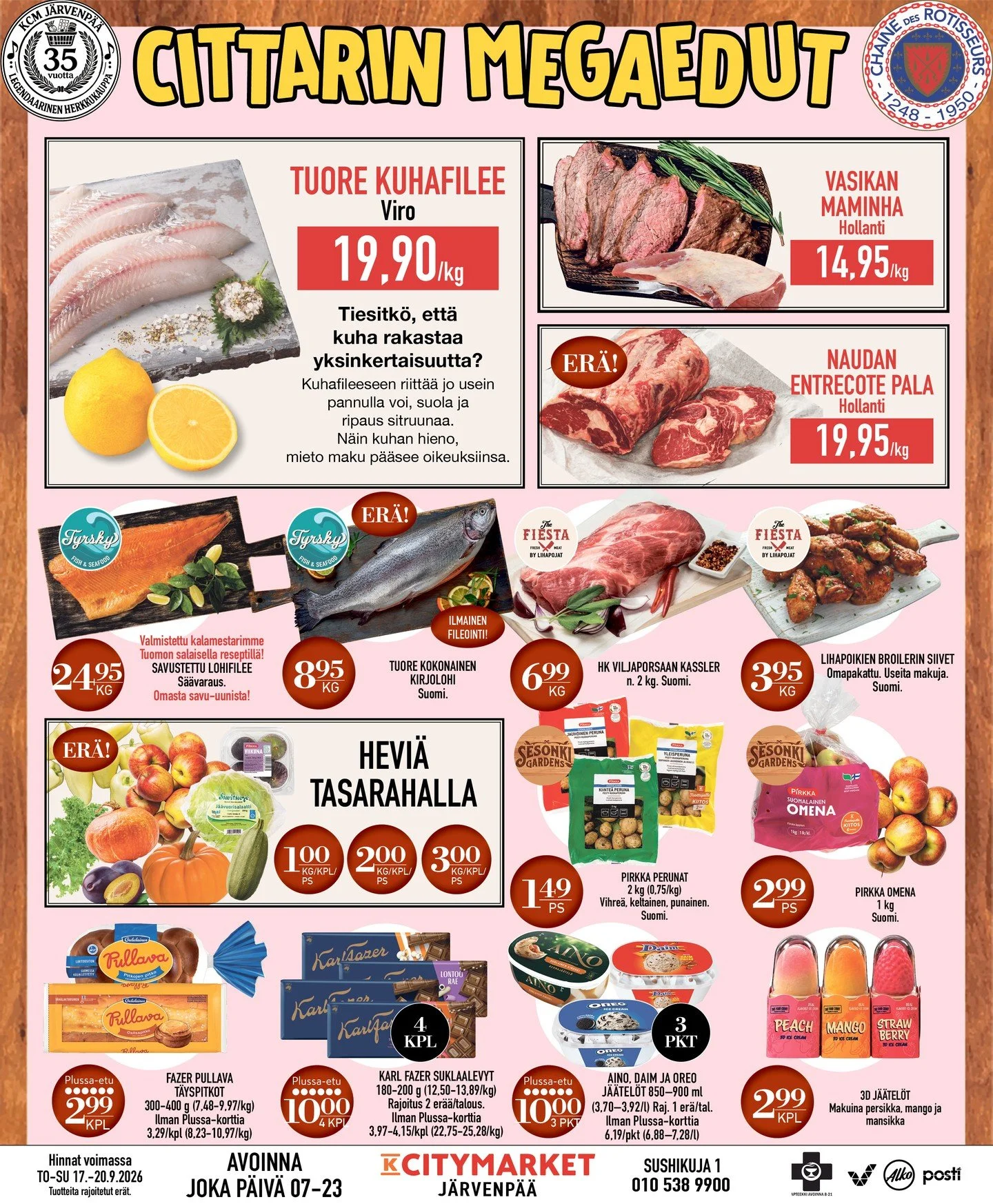 Viel&auml; ehdit Megaeduille loppuviikon ajan!😍⁠
⁠
🍏Heviosastolta:⁠
Er&auml; hevi&auml; tasarahalla!⁠
Pirkka perunat 2kg, Suomi 1,49&euro;/ps⁠
Pirkka omena 1 kg, Suomi 2,99&euro;/ps⁠
⁠
🎣 Tyrskyn kalatiskilt&auml;:⁠
Tuore kokonainen kirjolohi, Suom