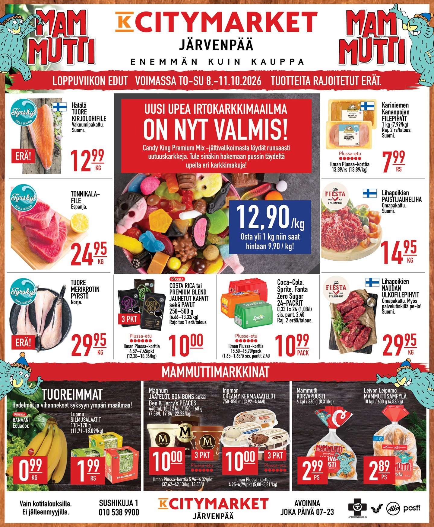 Tr&ouml;&ouml;&ouml;&ouml;&ouml;t! Mammuttimarkkinat ovat t&auml;&auml;ll&auml;🦣⁠
Kurkkaa kuvasta osastojen vinkit loppuviikkoon😍⁠