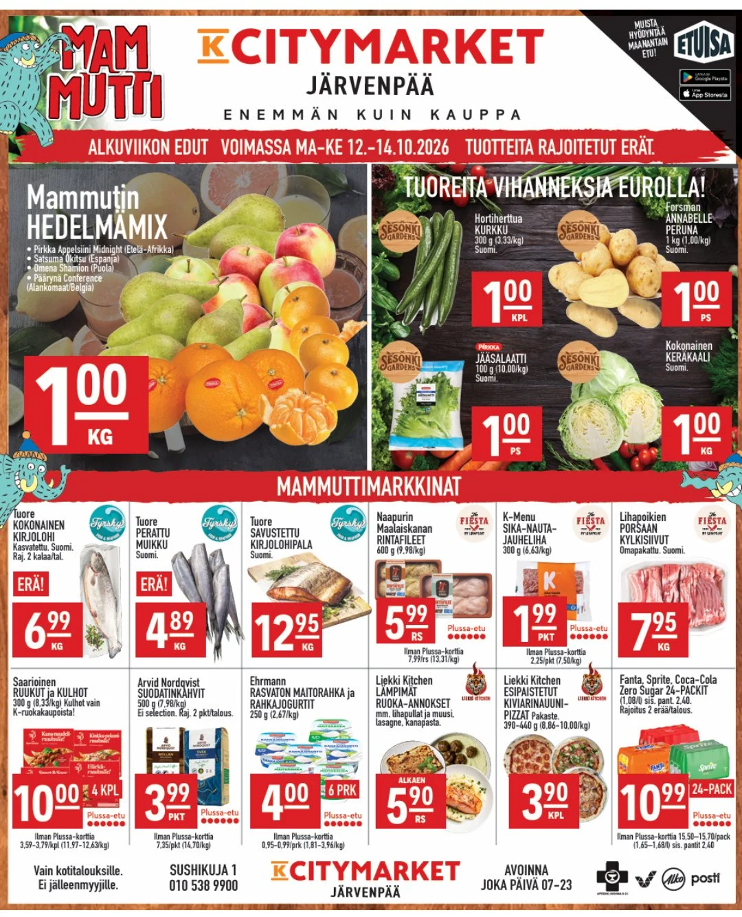 Mammutit jatkuvat viel&auml; t&auml;m&auml;n viikon ajan!💥⁠
⁠
T&auml;ss&auml; muutama vinkki alkuviikkoon:⁠
🍊Mammutin hedelm&auml;mix 1,00&euro;/kg⁠
🥒Er&auml; tuoreita vihanneksia 1,00&euro;/kg, kpl, ps⁠
🐟️Er&auml;! Tuore kokonainen lohi, Suomi 6