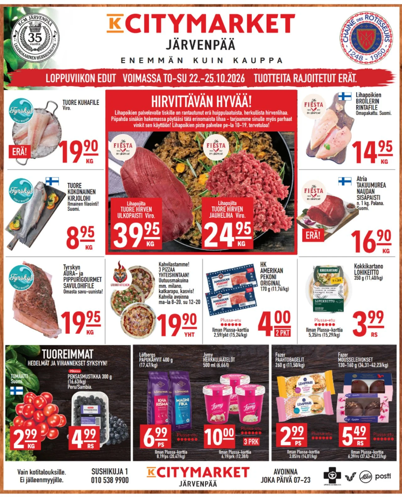Loppuviikon vinkit J&auml;rvenp&auml;&auml;st&auml;!🤩⁠
⁠
Nyt lihapoikien valikoimasta huippulaatuista ja herkullista hirvenlihaa. Lihapoikien palvelupiste palvelee pe-la 10-19.⁠
🥩Tuore hirven ulkopaisti, Viro 39,95&euro;/kg⁠
🥩Tuore hirven jauhelih