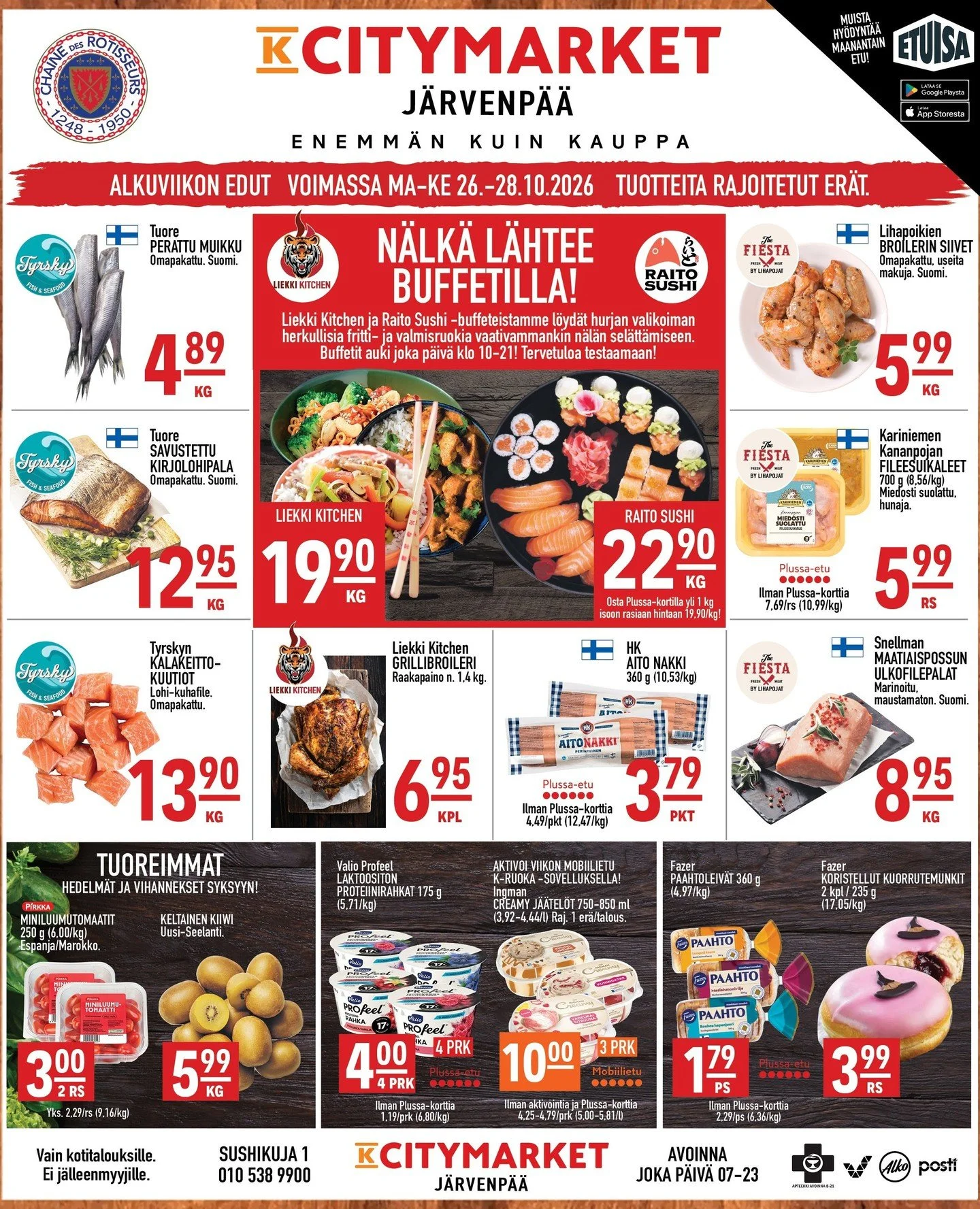 Alkuviikon vinkit J&auml;rvenp&auml;&auml;st&auml;!🤩⁠
⁠
Etuisa-sovelluksen k&auml;ytt&auml;jille -10% elintarvikkeista maanantaisin!⁠
Tarjous ei koske tarjoushintaisia tuotteita, &auml;idinmaidonkorvikkeita, nikotiini-, tupakka- tai alkoholituotteit