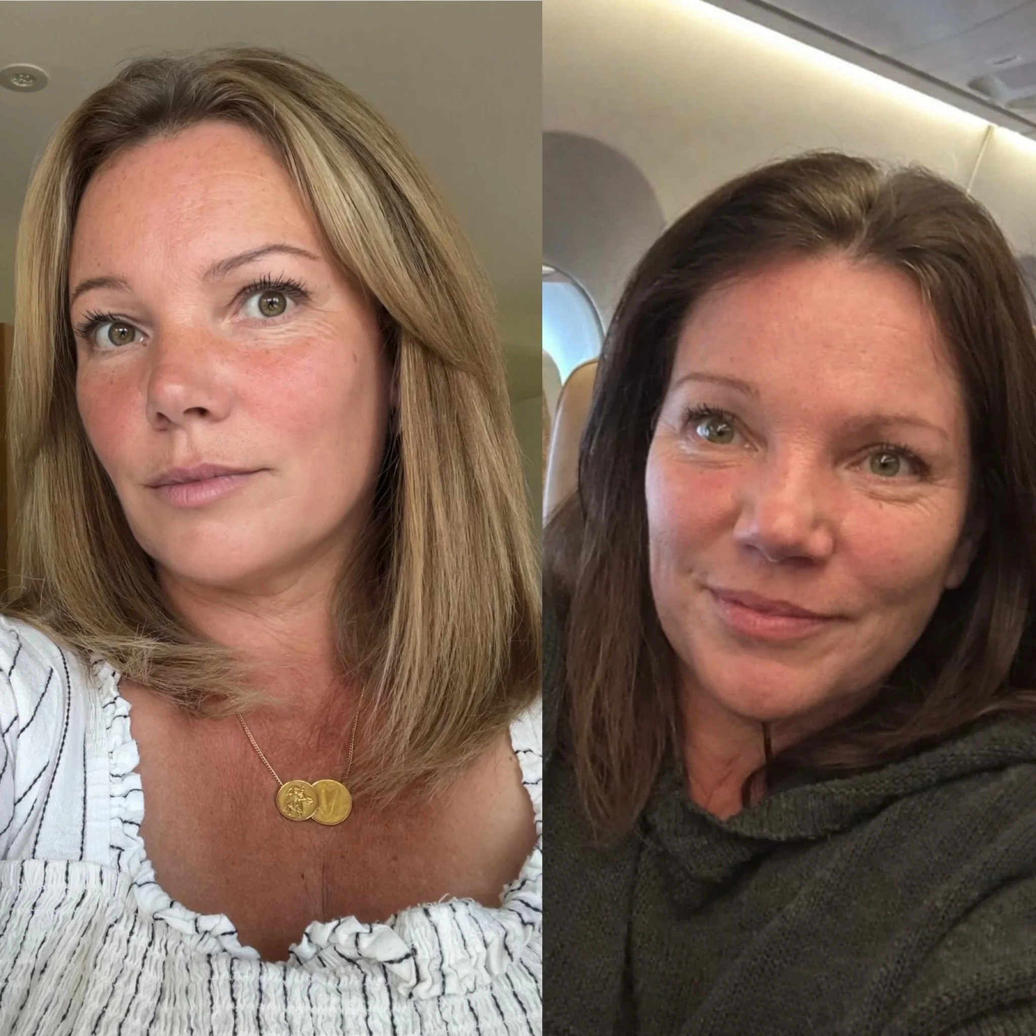 Client before and after: box-dyed brunette (right) to a grey blended blonde (left) with Stephen William Hair, Waterlooville