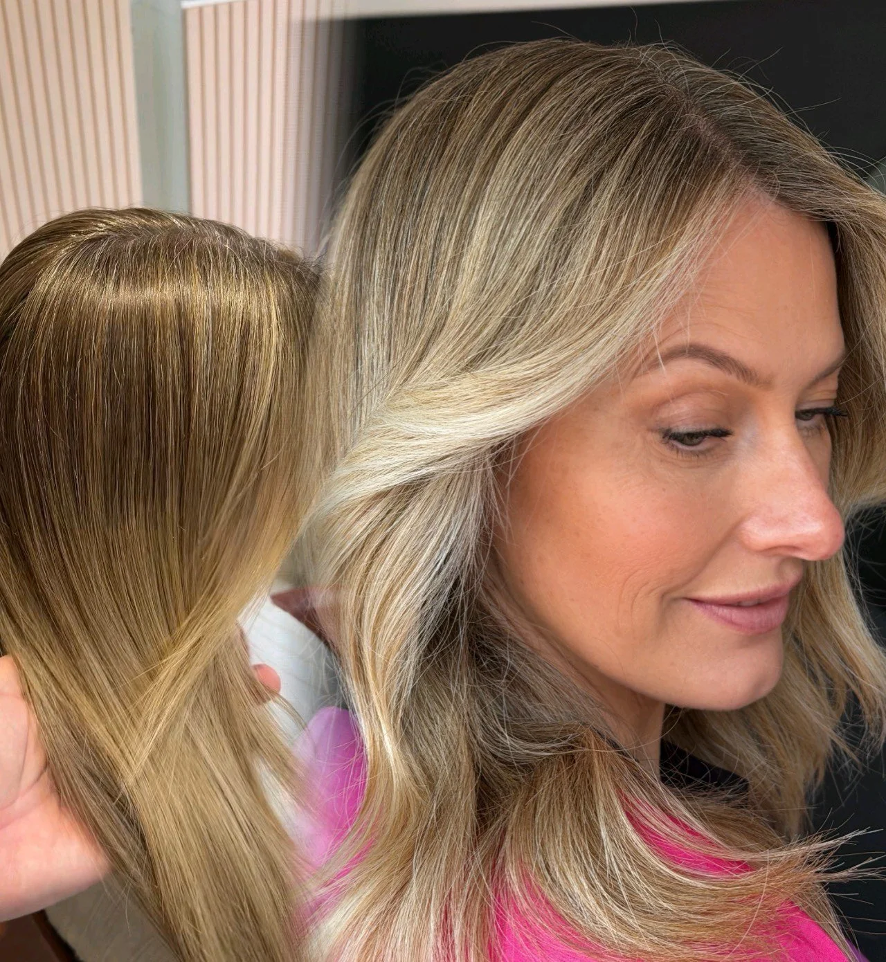 Close-up of a soft, bright blonde grey blend with dimension through the lengths by Stephen William Hair, Waterlooville