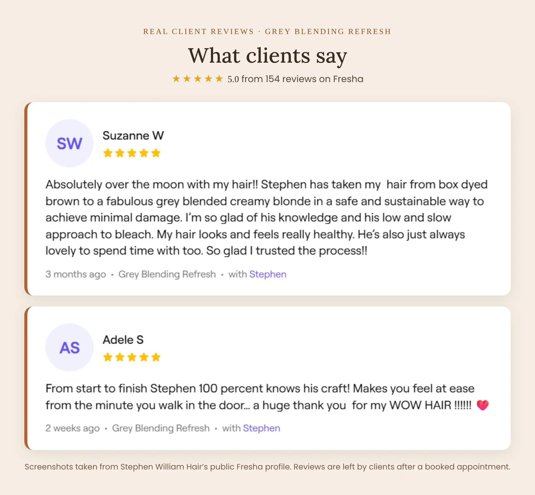Grey Blending Refresh reviews on Fresha for Stephen William Hair, Waterlooville: Suzanne W says her box-dyed brown hair became a grey blended creamy blonde with minimal damage; Adele S thanks Stephen for her WOW hair