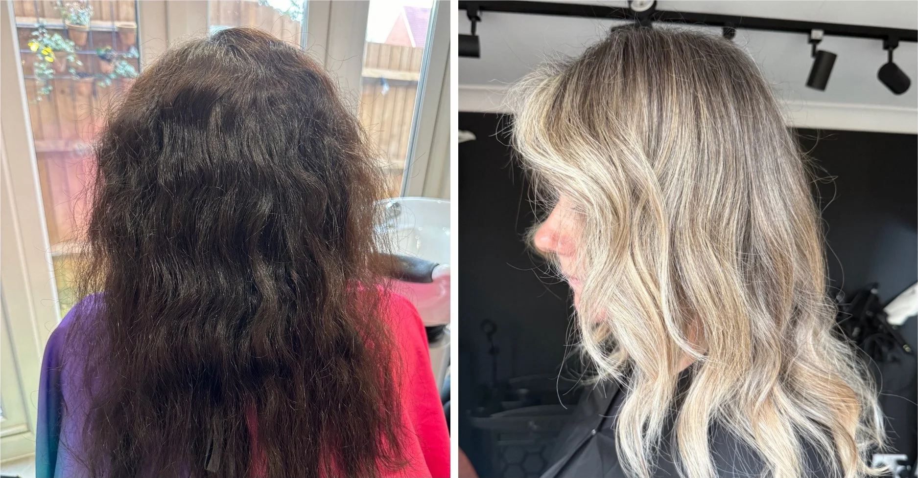 Before and after: long dark box-dyed hair transformed into a soft blonde grey blend at Stephen William Hair, Hampshire